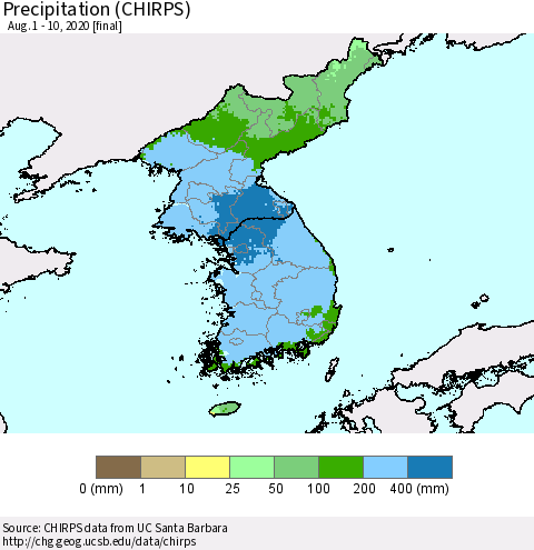 Korea Precipitation (CHIRPS) Thematic Map For 8/1/2020 - 8/10/2020