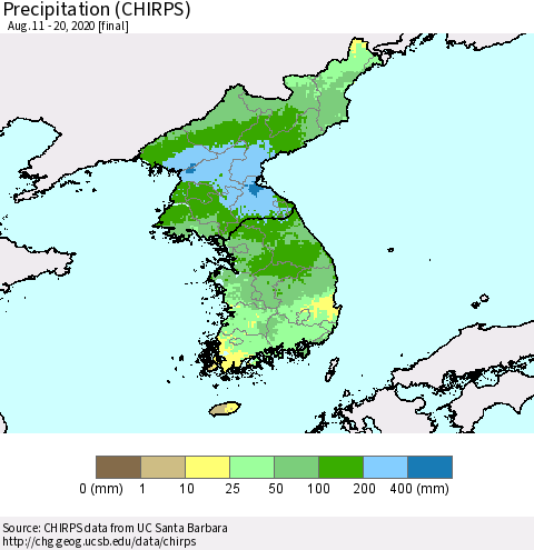 Korea Precipitation (CHIRPS) Thematic Map For 8/11/2020 - 8/20/2020