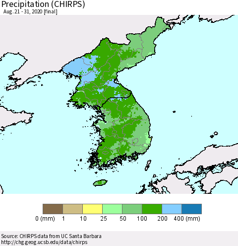 Korea Precipitation (CHIRPS) Thematic Map For 8/21/2020 - 8/31/2020