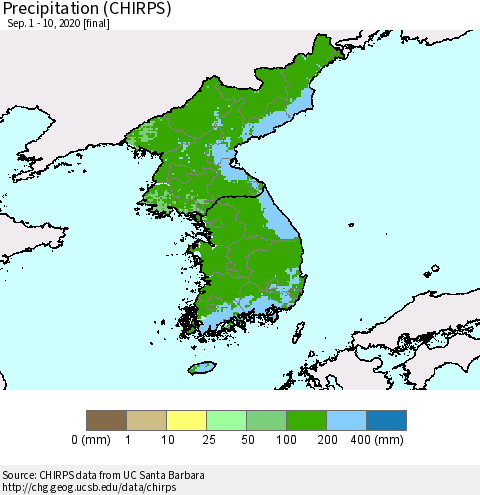Korea Precipitation (CHIRPS) Thematic Map For 9/1/2020 - 9/10/2020