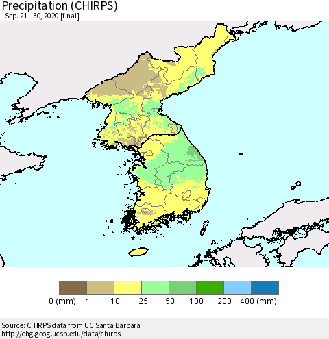 Korea Precipitation (CHIRPS) Thematic Map For 9/21/2020 - 9/30/2020
