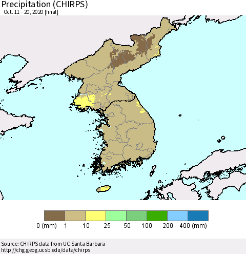 Korea Precipitation (CHIRPS) Thematic Map For 10/11/2020 - 10/20/2020