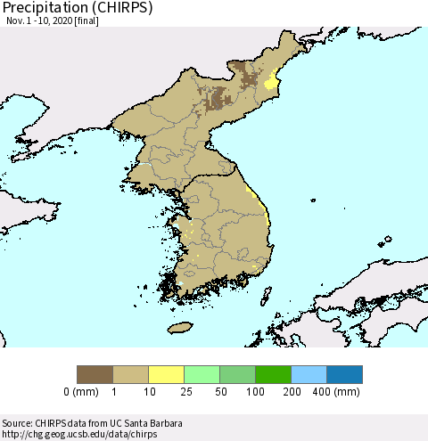 Korea Precipitation (CHIRPS) Thematic Map For 11/1/2020 - 11/10/2020