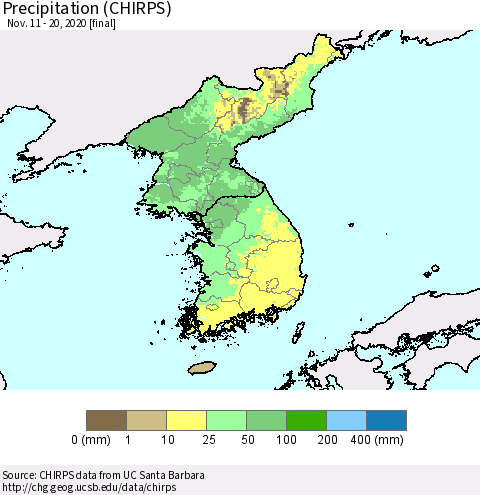 Korea Precipitation (CHIRPS) Thematic Map For 11/11/2020 - 11/20/2020