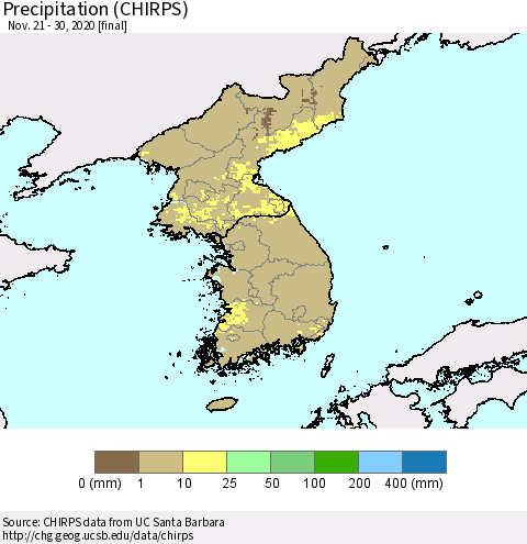 Korea Precipitation (CHIRPS) Thematic Map For 11/21/2020 - 11/30/2020