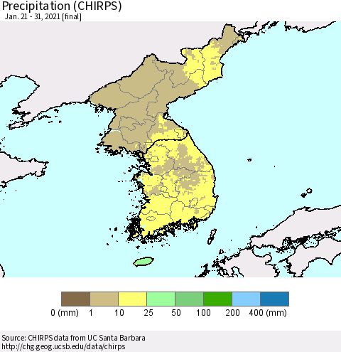 Korea Precipitation (CHIRPS) Thematic Map For 1/21/2021 - 1/31/2021