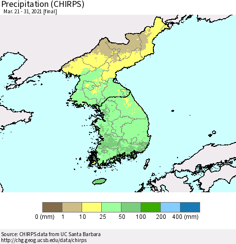 Korea Precipitation (CHIRPS) Thematic Map For 3/21/2021 - 3/31/2021