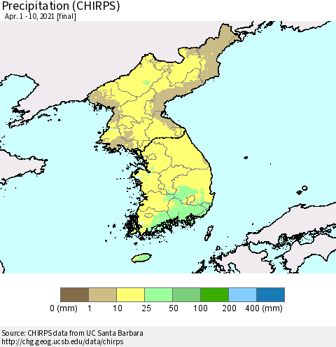 Korea Precipitation (CHIRPS) Thematic Map For 4/1/2021 - 4/10/2021