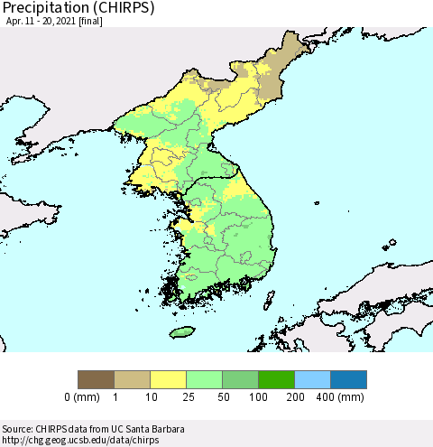 Korea Precipitation (CHIRPS) Thematic Map For 4/11/2021 - 4/20/2021
