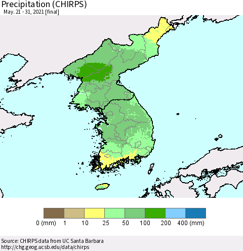 Korea Precipitation (CHIRPS) Thematic Map For 5/21/2021 - 5/31/2021