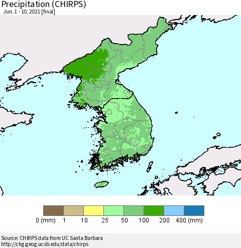 Korea Precipitation (CHIRPS) Thematic Map For 6/1/2021 - 6/10/2021