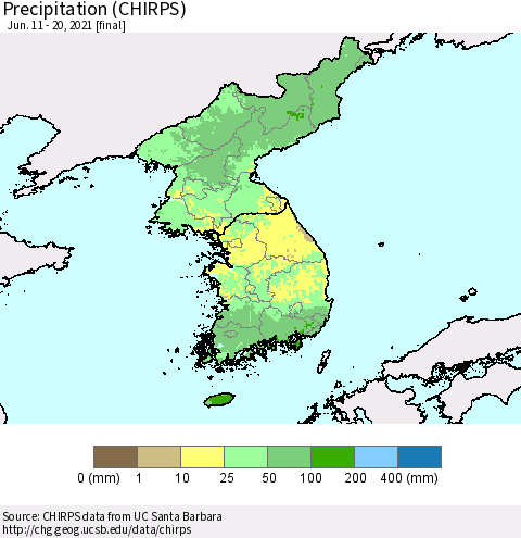 Korea Precipitation (CHIRPS) Thematic Map For 6/11/2021 - 6/20/2021