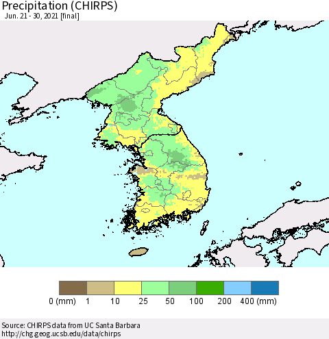 Korea Precipitation (CHIRPS) Thematic Map For 6/21/2021 - 6/30/2021