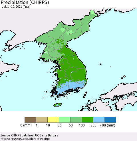 Korea Precipitation (CHIRPS) Thematic Map For 7/1/2021 - 7/10/2021