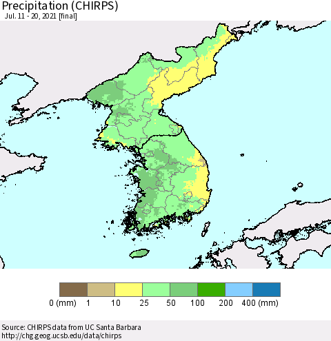Korea Precipitation (CHIRPS) Thematic Map For 7/11/2021 - 7/20/2021