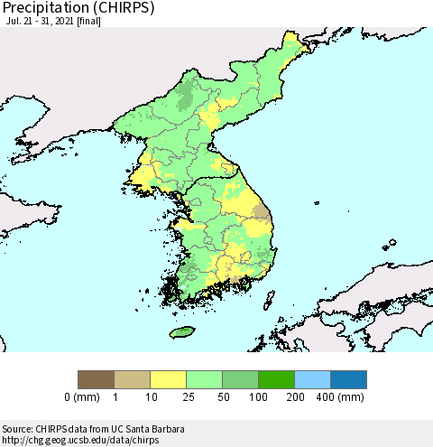 Korea Precipitation (CHIRPS) Thematic Map For 7/21/2021 - 7/31/2021