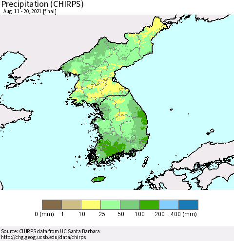 Korea Precipitation (CHIRPS) Thematic Map For 8/11/2021 - 8/20/2021