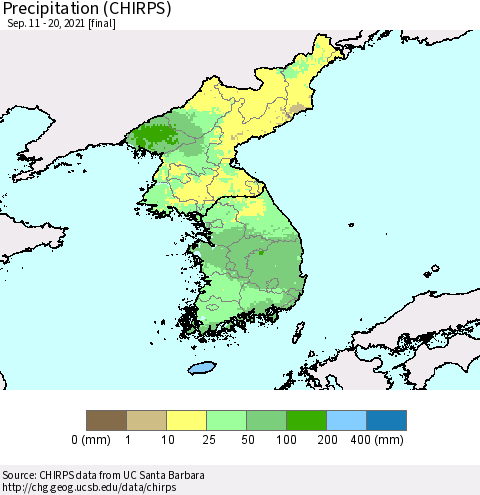 Korea Precipitation (CHIRPS) Thematic Map For 9/11/2021 - 9/20/2021