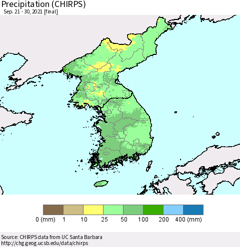 Korea Precipitation (CHIRPS) Thematic Map For 9/21/2021 - 9/30/2021