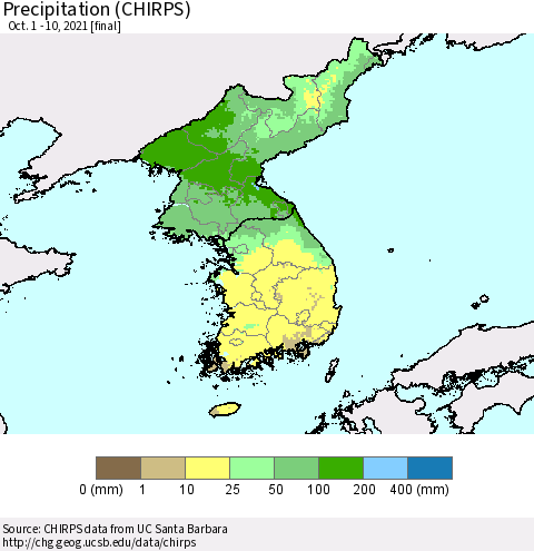 Korea Precipitation (CHIRPS) Thematic Map For 10/1/2021 - 10/10/2021