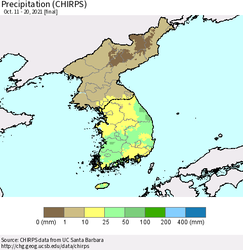 Korea Precipitation (CHIRPS) Thematic Map For 10/11/2021 - 10/20/2021