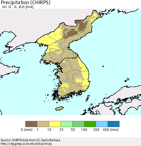 Korea Precipitation (CHIRPS) Thematic Map For 10/21/2021 - 10/31/2021
