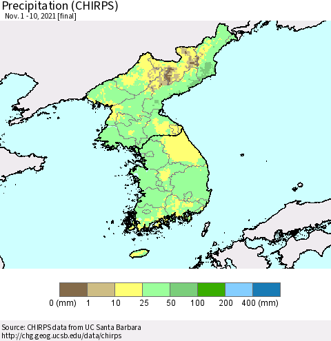 Korea Precipitation (CHIRPS) Thematic Map For 11/1/2021 - 11/10/2021