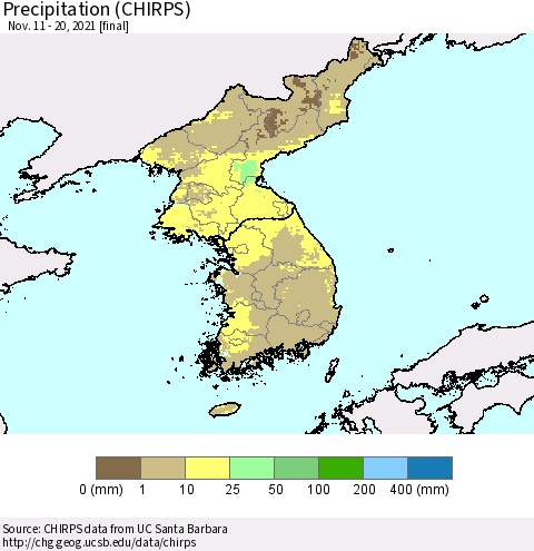 Korea Precipitation (CHIRPS) Thematic Map For 11/11/2021 - 11/20/2021