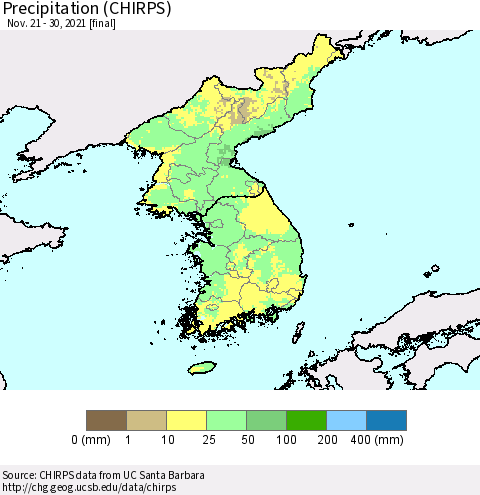 Korea Precipitation (CHIRPS) Thematic Map For 11/21/2021 - 11/30/2021