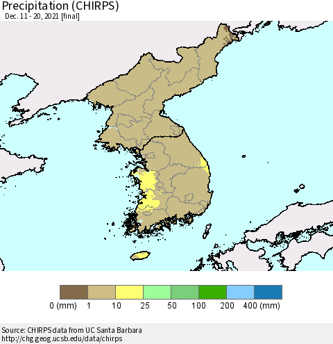 Korea Precipitation (CHIRPS) Thematic Map For 12/11/2021 - 12/20/2021