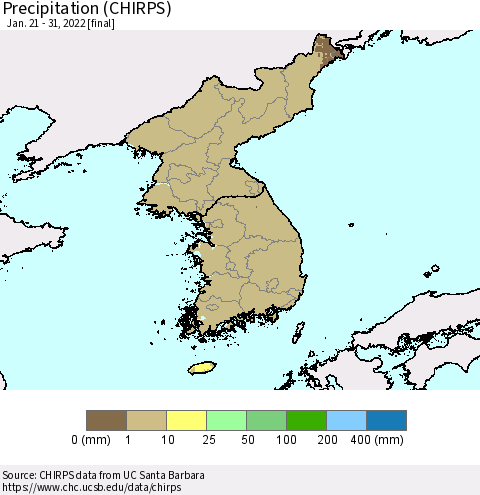 Korea Precipitation (CHIRPS) Thematic Map For 1/21/2022 - 1/31/2022