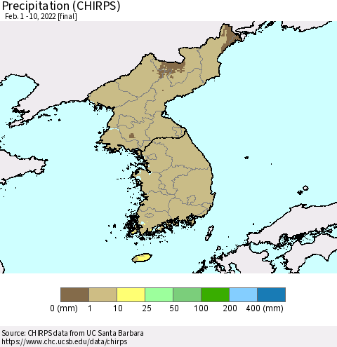 Korea Precipitation (CHIRPS) Thematic Map For 2/1/2022 - 2/10/2022