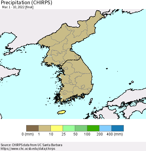 Korea Precipitation (CHIRPS) Thematic Map For 3/1/2022 - 3/10/2022