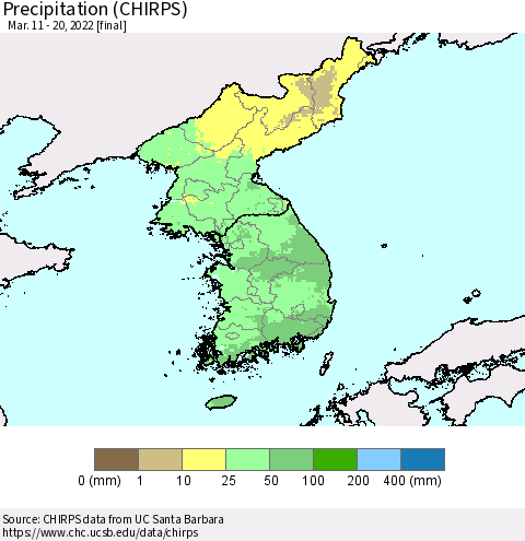 Korea Precipitation (CHIRPS) Thematic Map For 3/11/2022 - 3/20/2022