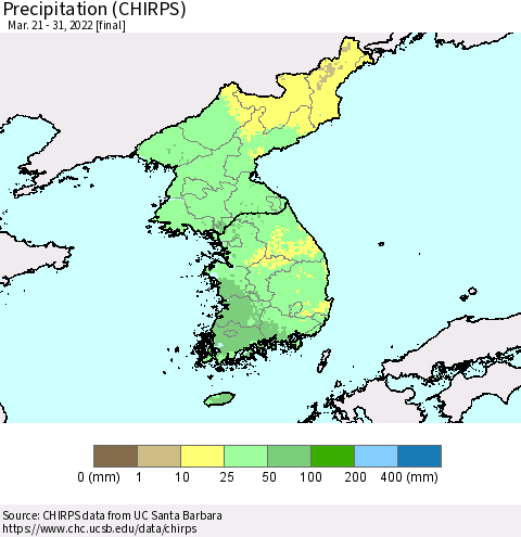 Korea Precipitation (CHIRPS) Thematic Map For 3/21/2022 - 3/31/2022