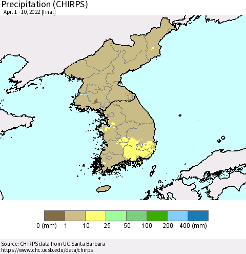 Korea Precipitation (CHIRPS) Thematic Map For 4/1/2022 - 4/10/2022