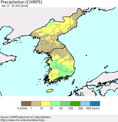 Korea Precipitation (CHIRPS) Thematic Map For 4/11/2022 - 4/20/2022