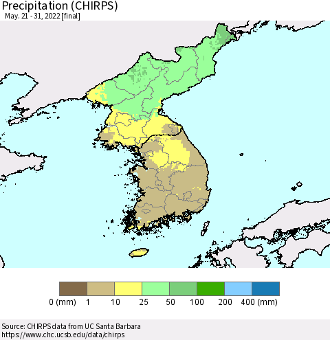 Korea Precipitation (CHIRPS) Thematic Map For 5/21/2022 - 5/31/2022
