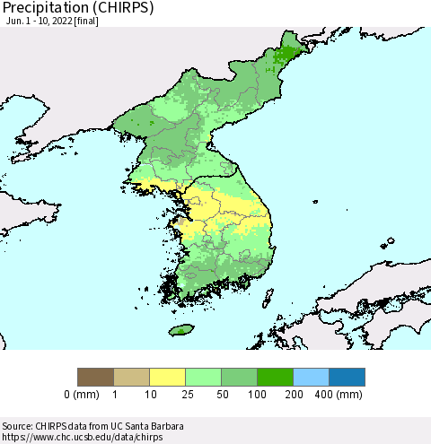 Korea Precipitation (CHIRPS) Thematic Map For 6/1/2022 - 6/10/2022