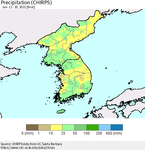 Korea Precipitation (CHIRPS) Thematic Map For 6/11/2022 - 6/20/2022