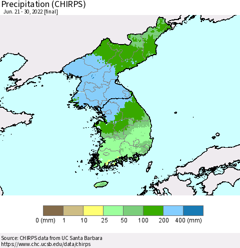 Korea Precipitation (CHIRPS) Thematic Map For 6/21/2022 - 6/30/2022