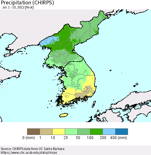 Korea Precipitation (CHIRPS) Thematic Map For 7/1/2022 - 7/10/2022