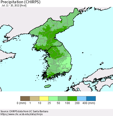 Korea Precipitation (CHIRPS) Thematic Map For 7/11/2022 - 7/20/2022