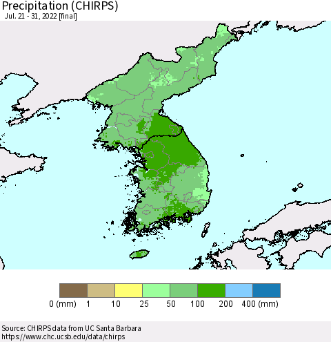 Korea Precipitation (CHIRPS) Thematic Map For 7/21/2022 - 7/31/2022