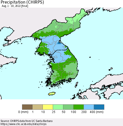 Korea Precipitation (CHIRPS) Thematic Map For 8/1/2022 - 8/10/2022