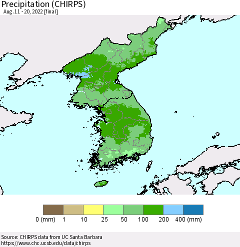 Korea Precipitation (CHIRPS) Thematic Map For 8/11/2022 - 8/20/2022