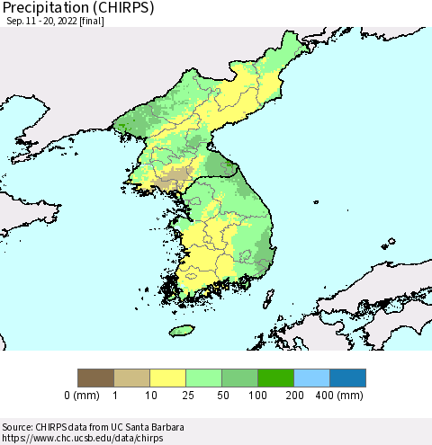 Korea Precipitation (CHIRPS) Thematic Map For 9/11/2022 - 9/20/2022