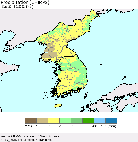 Korea Precipitation (CHIRPS) Thematic Map For 9/21/2022 - 9/30/2022