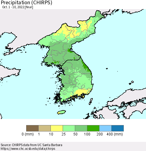 Korea Precipitation (CHIRPS) Thematic Map For 10/1/2022 - 10/10/2022