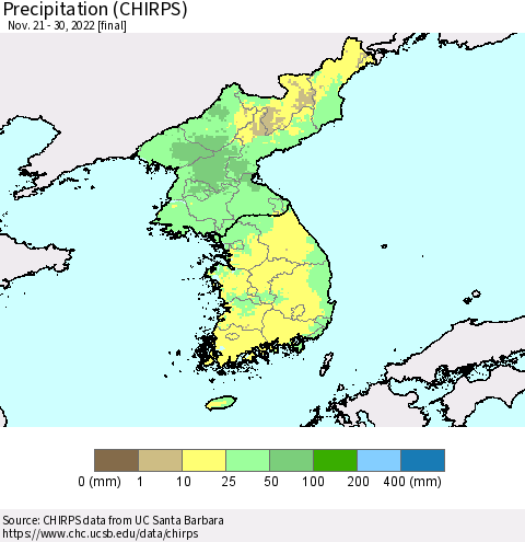 Korea Precipitation (CHIRPS) Thematic Map For 11/21/2022 - 11/30/2022